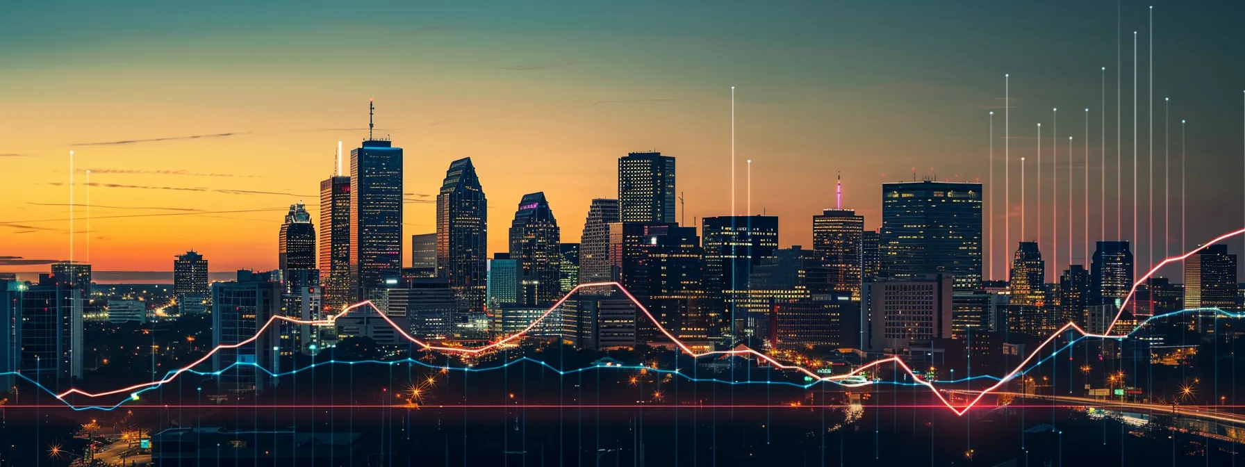 a vibrant cityscape at dusk, illuminated by glowing data insights and analytic graphs, symbolizing the dynamic partnerships of over 5,000 agencies empowered by searchatlas for local search optimization and website traffic growth.