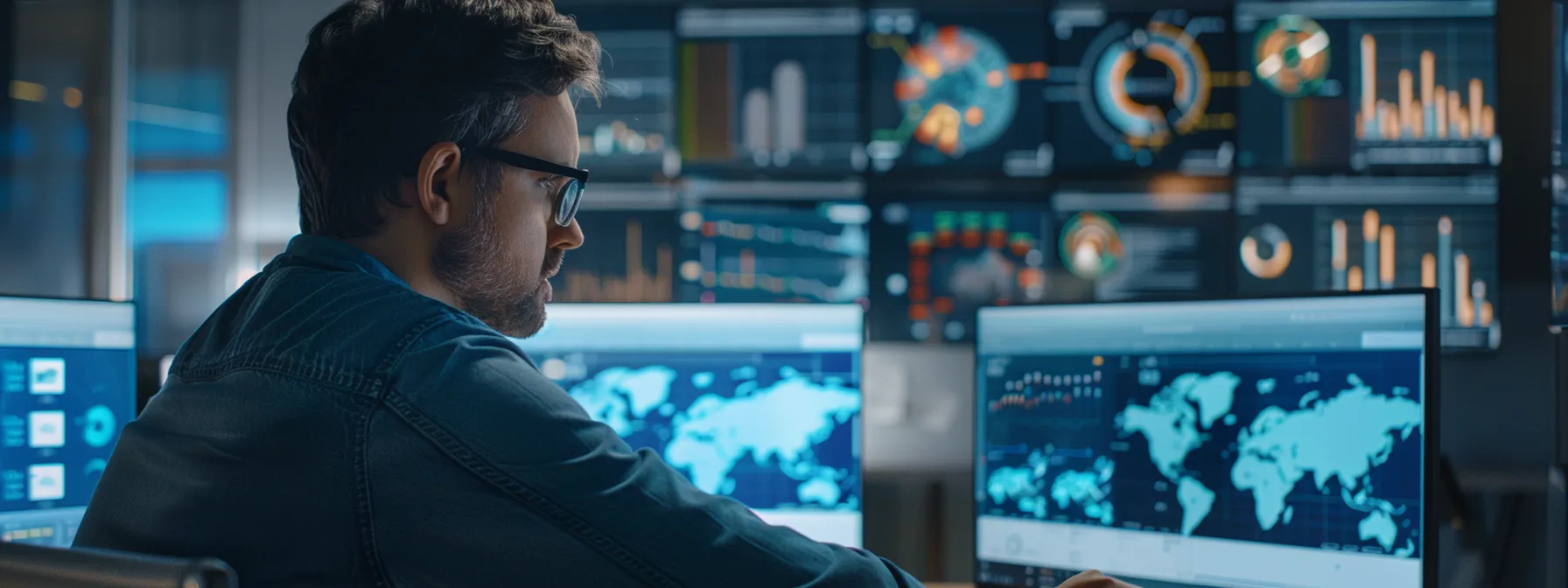 a person diligently analyzing a computer screen with various external reporting tools displayed.