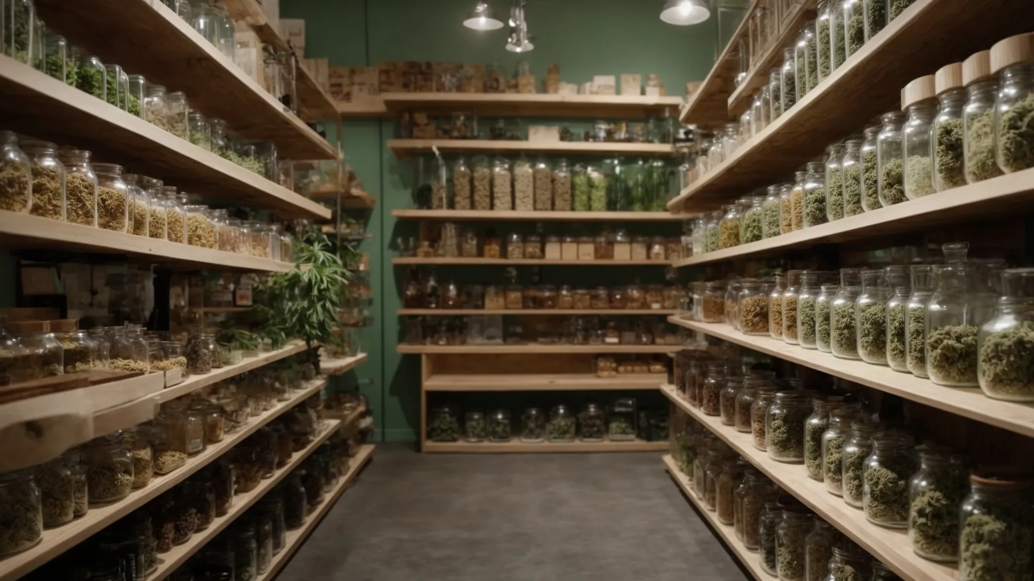 a sprawling cannabis dispensary interior with jars of various strains lined across the shelves.