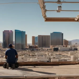 a skilled technician expertly assesses a weathered rooftop under the bright las vegas sun, showcasing the city’s vibrant skyline in the background with clear blue skies overhead.