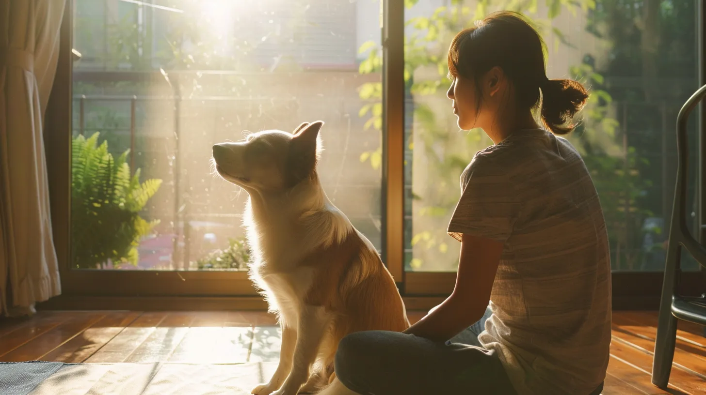 a concerned dog owner kneels beside a whimpering dog in a sunlit room, emphasizing the bond of care and the importance of addressing the pet's physical needs and health concerns.