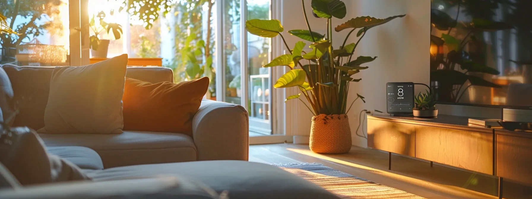 a smart thermostat adjusting the temperature in a modern living room to conserve energy.