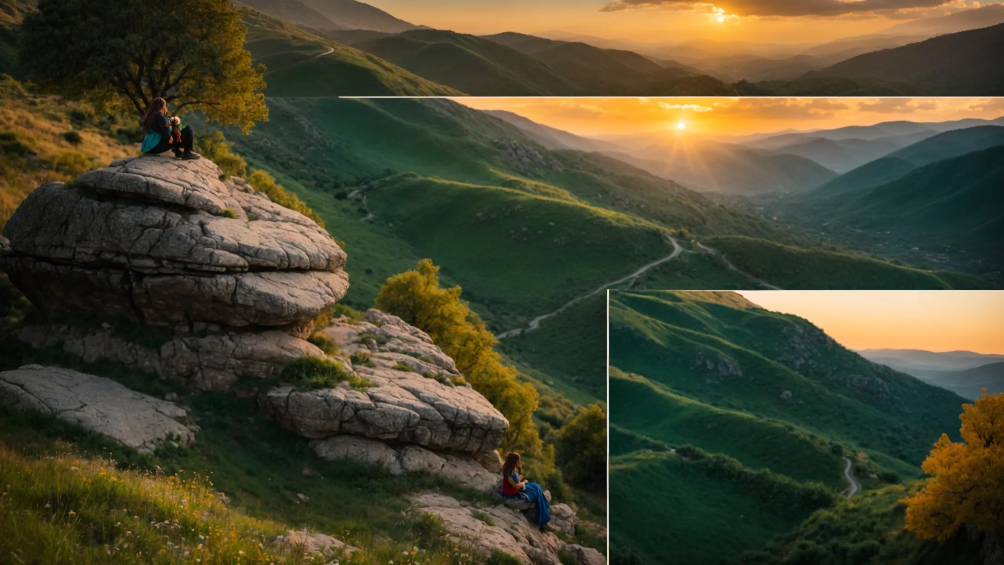 a vibrant macedonian landscape unfolds with a storyteller perched on a rock, weaving tales of social justice and community, surrounded by lush greenery and the majestic mountains that echo the rich folklore of the region under a golden sunset.