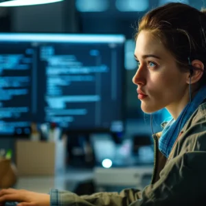 an employee sitting in front of a computer screen, clicking on a suspicious email and reporting it to the it department.