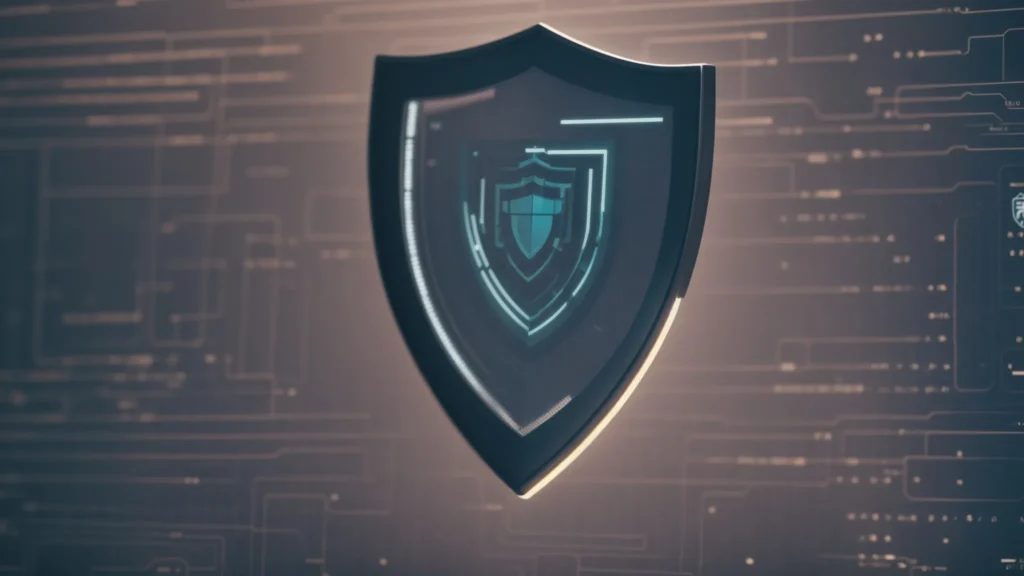 a computer screen displaying a shield symbol, symbolizing cybersecurity measures.
