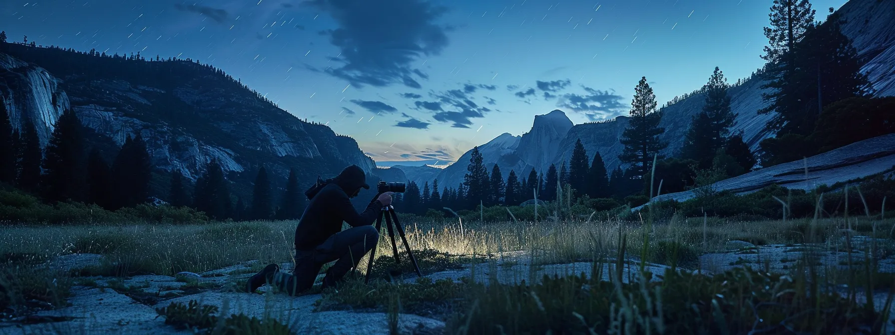 a photographer sets up a tripod with sturdy leg locks and rubber feet, preparing to capture a long exposure of the night sky in yosemite national park.