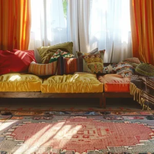 a cozy living room with patterned rugs, colorful throw pillows, and draped fabrics creating a bohemian style.