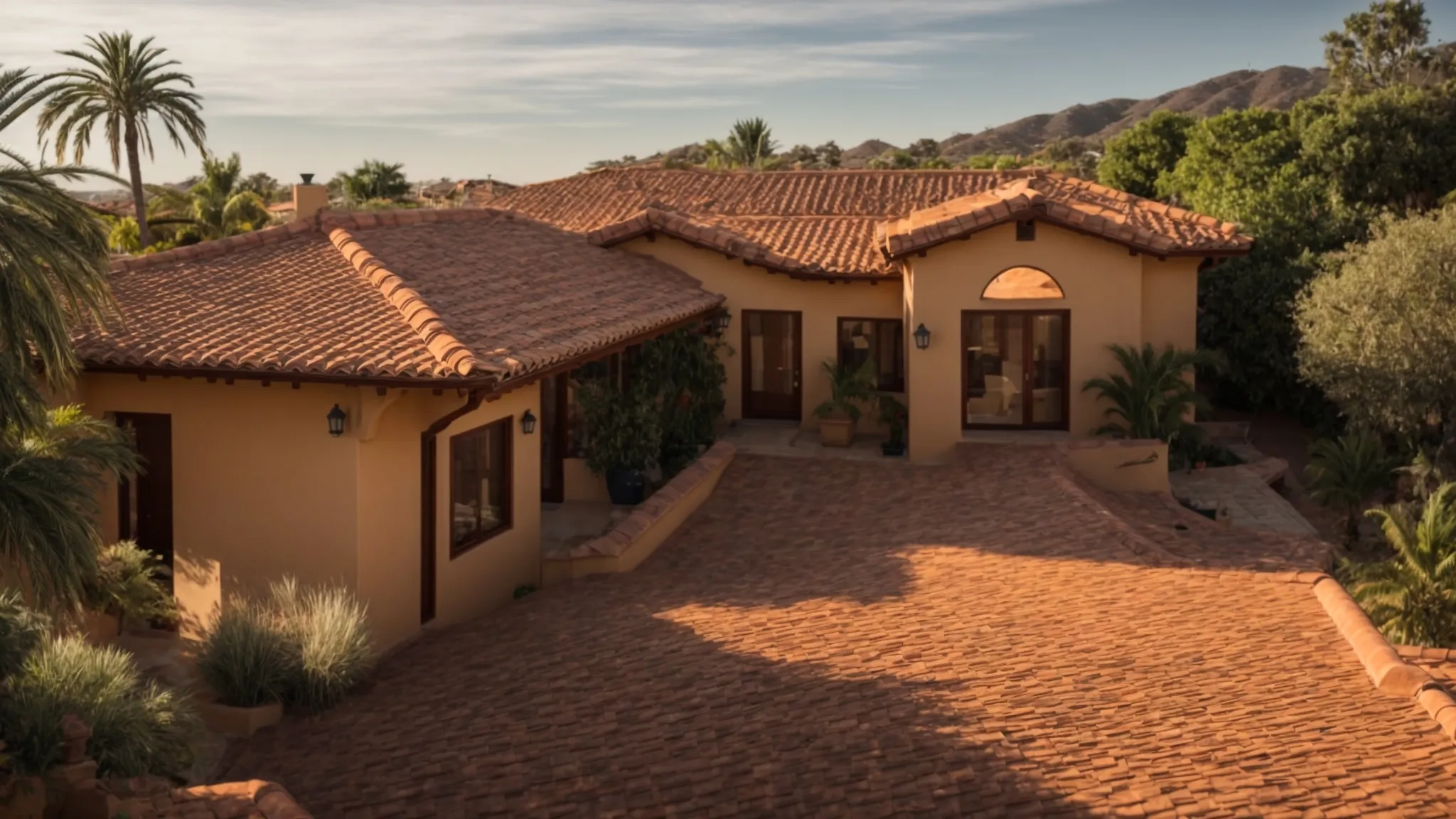 a robust clay roof glistens under a bright californian sun, showcasing expert craftsmanship designed to withstand extreme weather conditions and enhance property value.