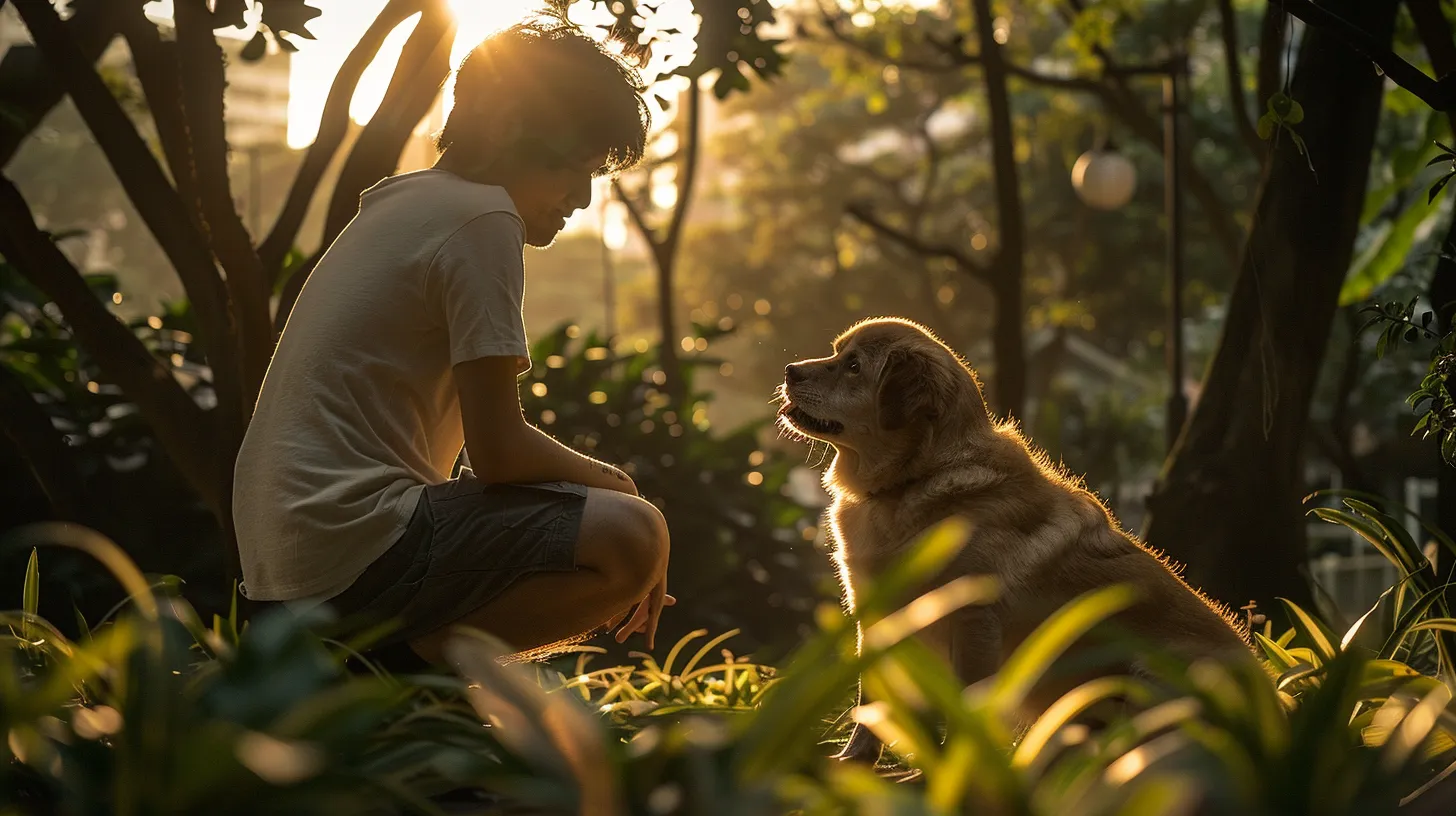 a concerned dog owner kneels next to their whining dog in a sunlit park, attentively observing its expression while surrounded by lush greenery, capturing the emotional connection and the owner&rsquo;s dedication to understanding their pet&rsquo;s needs.