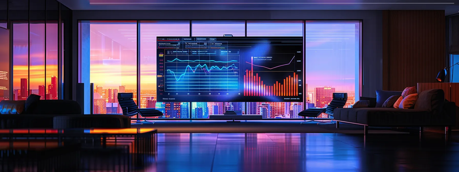 a sleek, modern workspace with a large screen displaying vibrant data analytics and trend forecasting graphs, illuminated by soft, ambient lighting to emphasize a cutting-edge content planning environment.