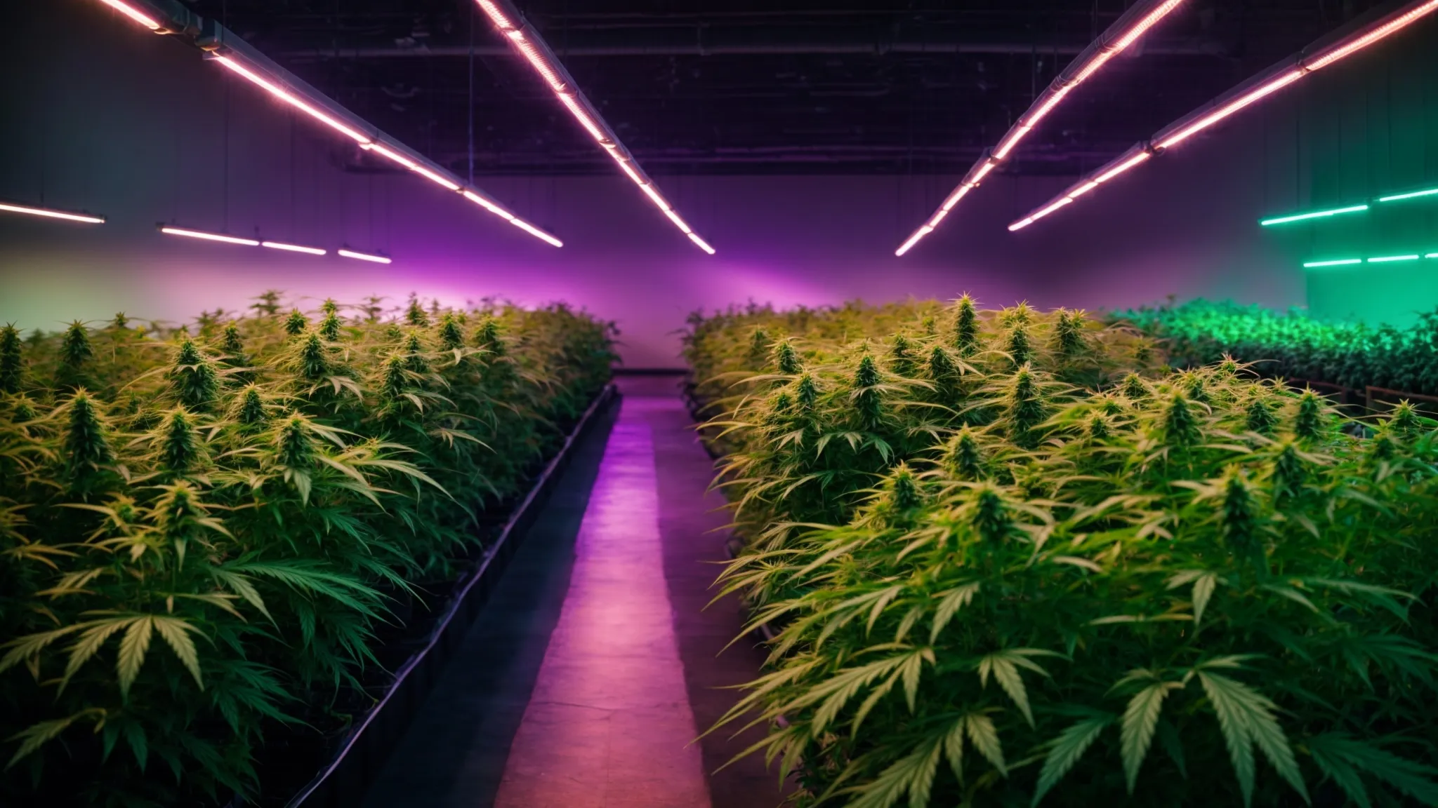 rows of vibrant cannabis plants flourishing under led lighting in a modern, eco-friendly indoor farm.