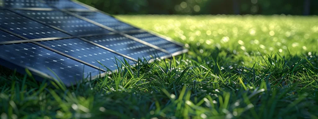 a magnificent solar panel array gleaming under the sun, casting a shadow on a field of lush green grass.