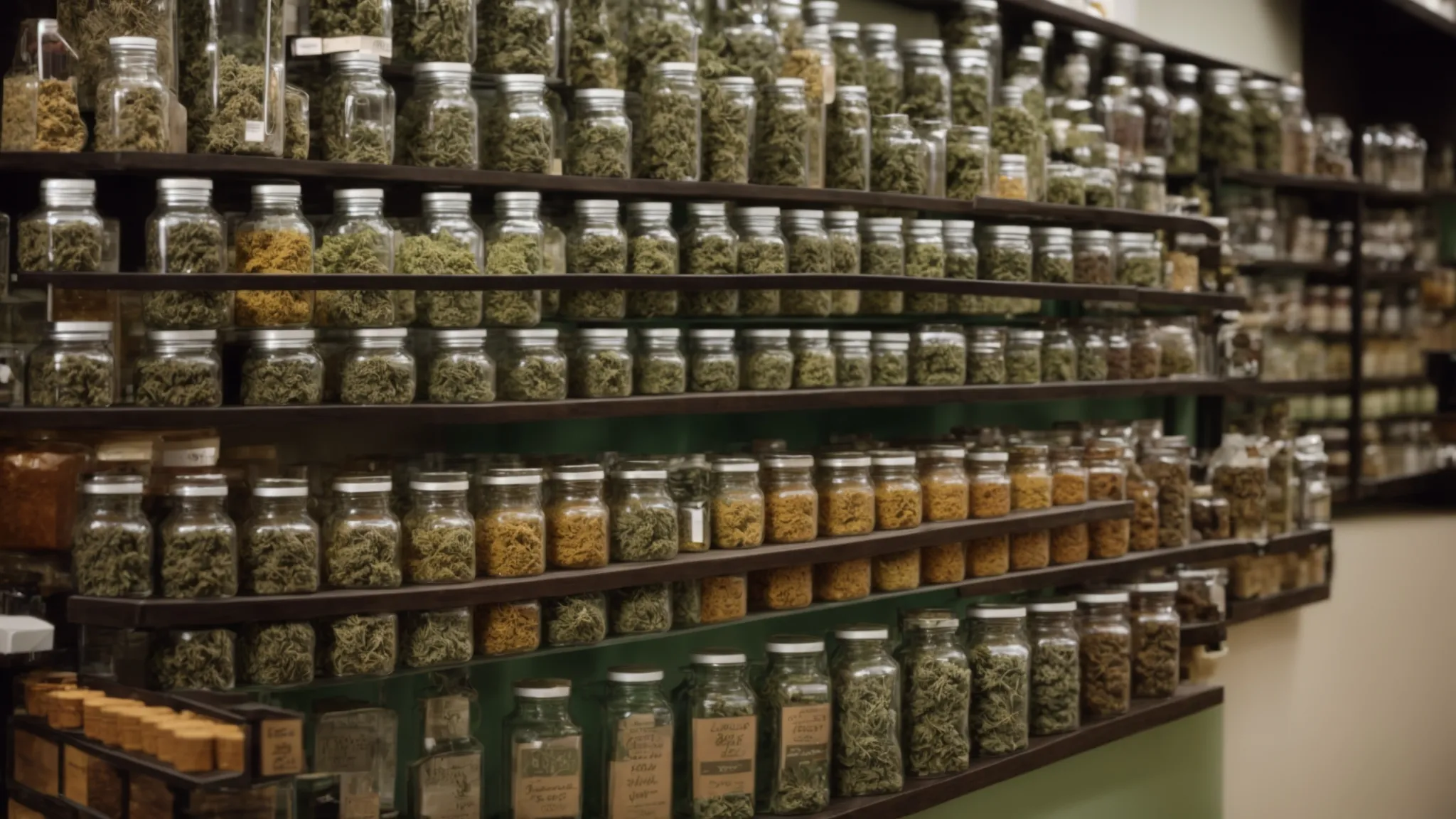 a dispensary shelf in los angeles, filled with jars of premium cannabis flower, each labeled with unique strain names.