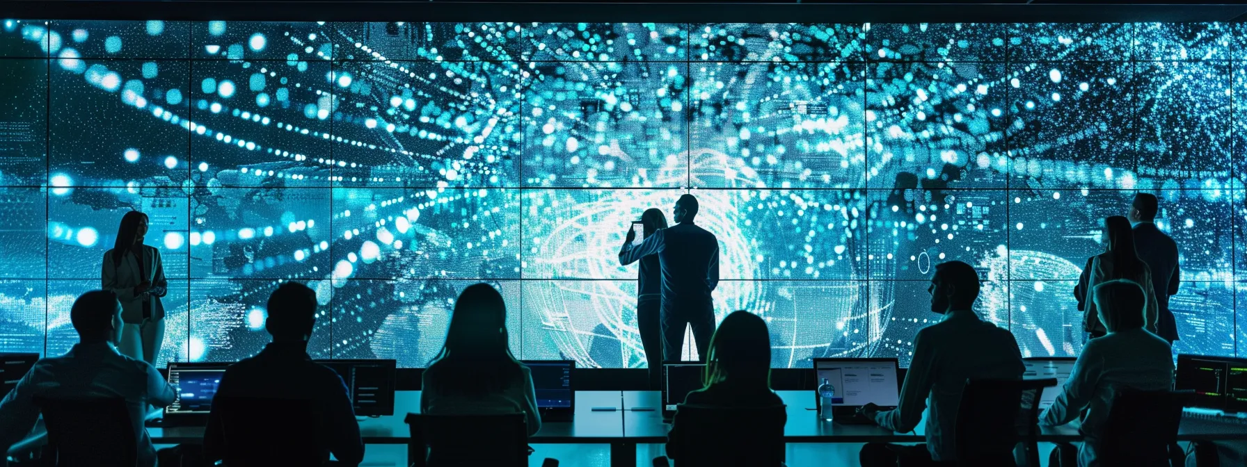 a group of cybersecurity analysts collaborating on a large screen displaying complex data and communication patterns for analysis.