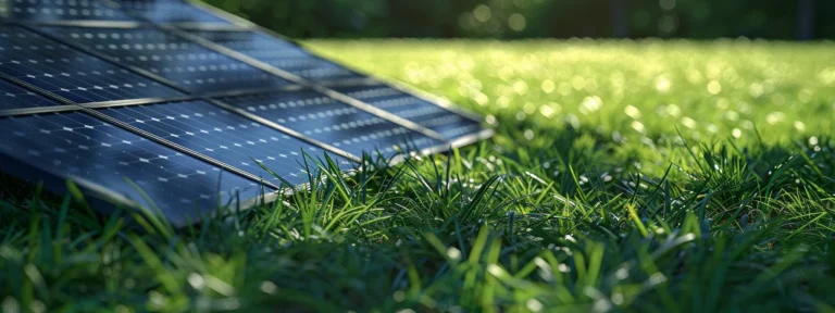 a magnificent solar panel array gleaming under the sun, casting a shadow on a field of lush green grass.