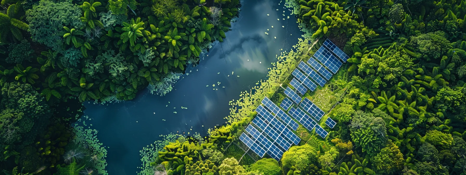 a lush, vibrant landscape of solar panels nestled among thriving wildlife and pristine water sources, showcasing the clean and green impact of solar power.