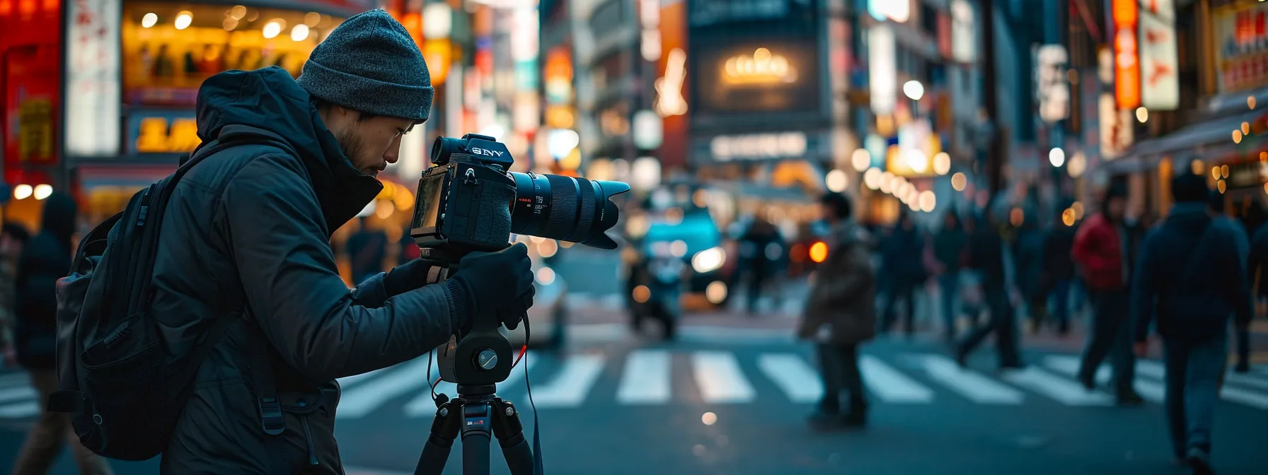 a photographer adjusting a compact tripod to capture a fleeting moment in a bustling city street.