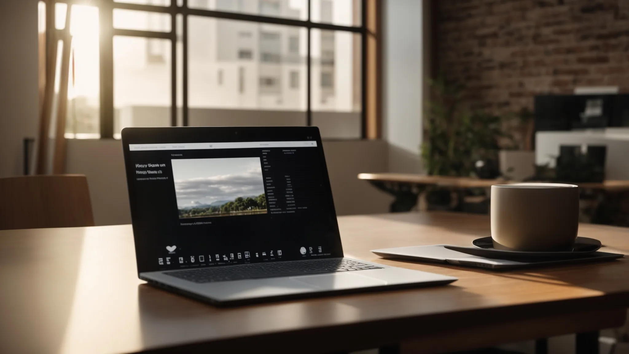 a dynamic and inviting workspace featuring a sleek laptop displaying a property investment calculator, surrounded by neatly arranged real estate guides and networking materials, bathed in warm, natural light.