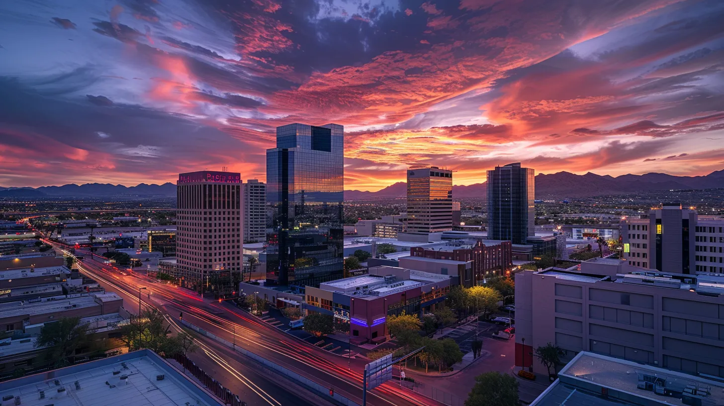a dynamic urban skyline at sunset, showcasing diverse real estate opportunities with modern buildings and vibrant colors, symbolizing the thriving world of property investment.