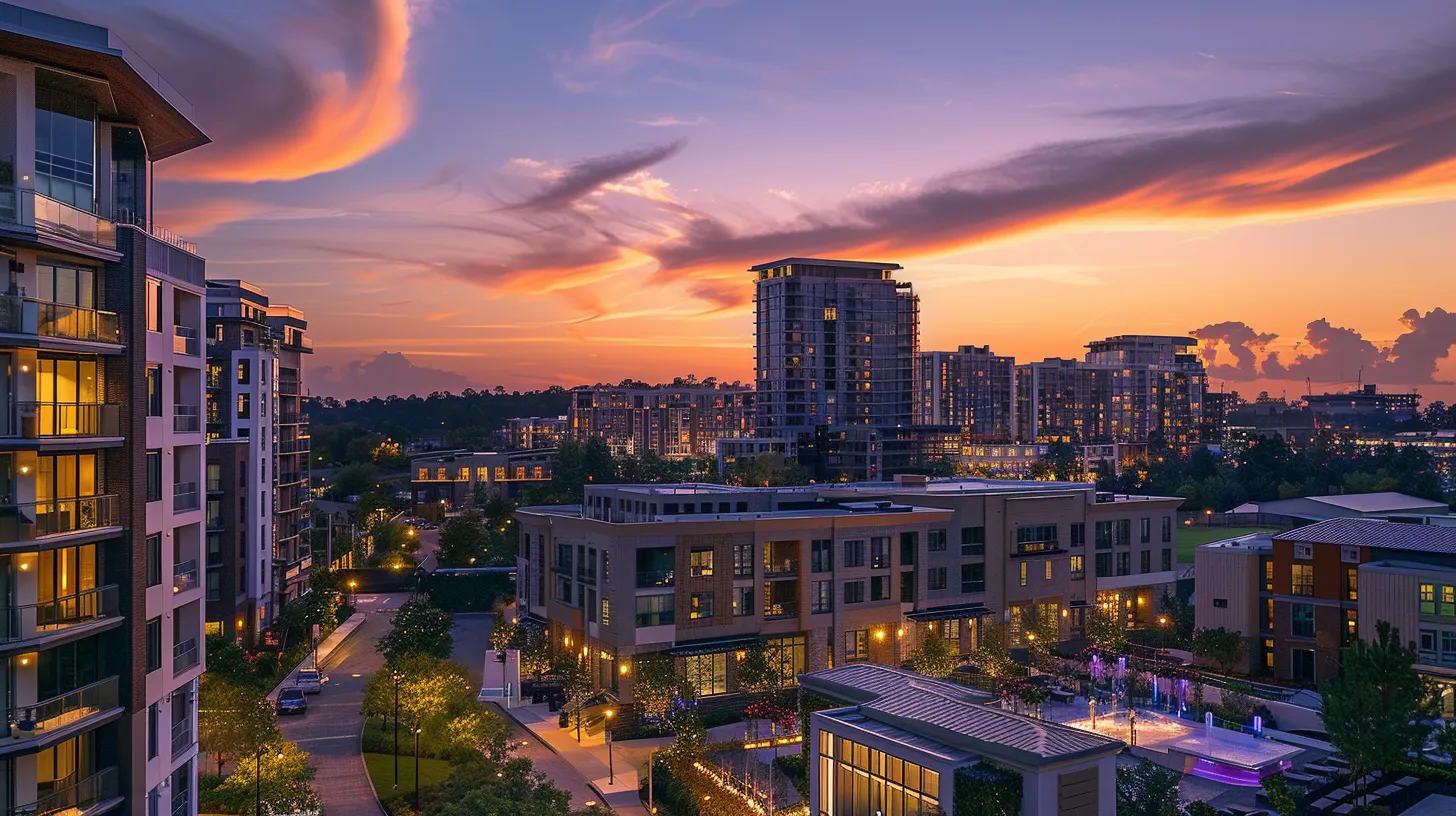 a vibrant city skyline at sunset reflects the potential and diversity of real estate investment, showcasing luxurious apartments and bustling streets filled with life, perfectly encapsulating the dynamic nature of property ventures.