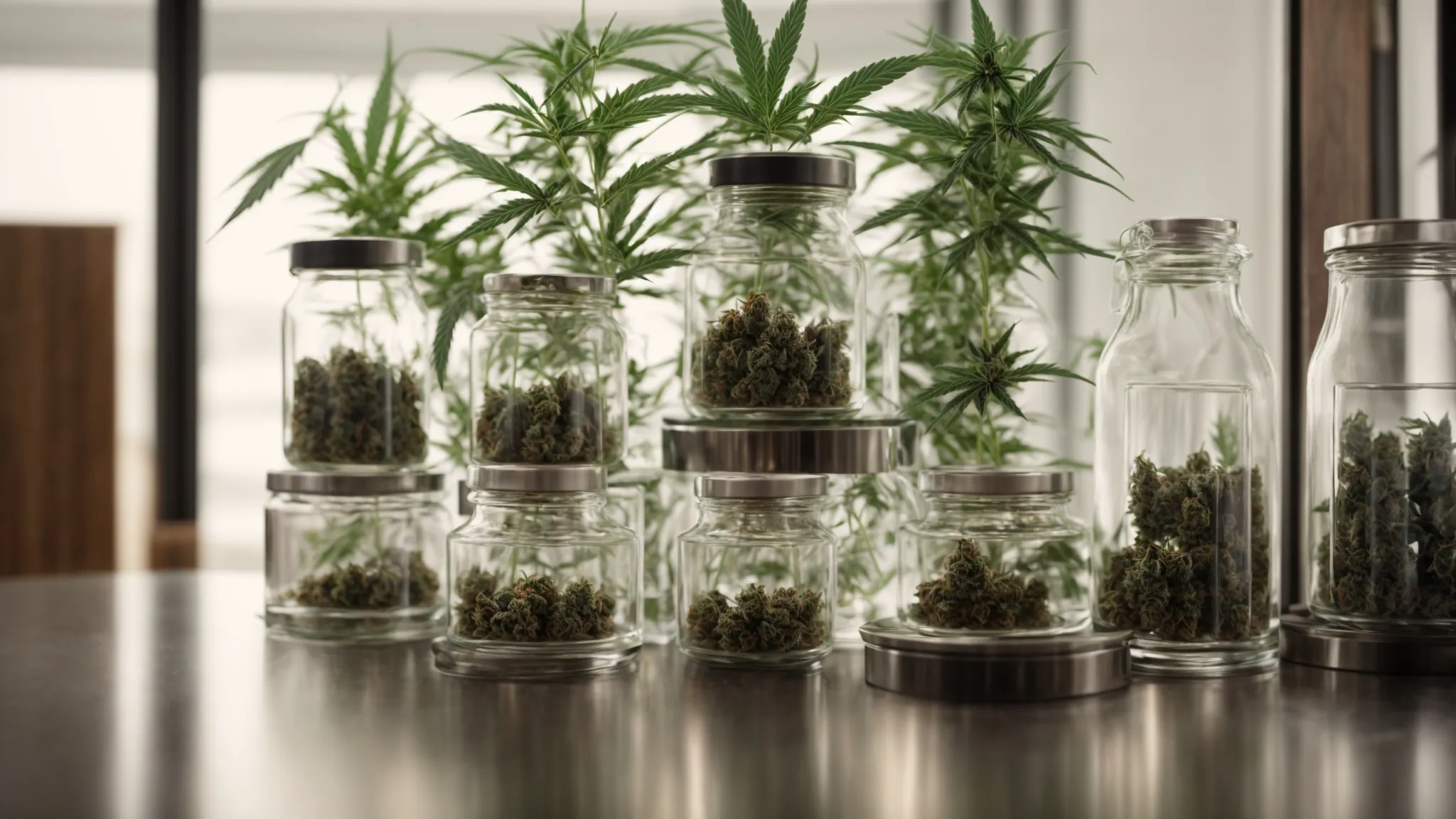 a boutique cannabis dispensary displays jars of premium, crystalline buds against a minimalist, elegant interior.