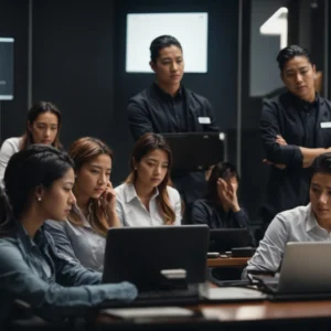 a group of employees attentively participating in a cybersecurity workshop.