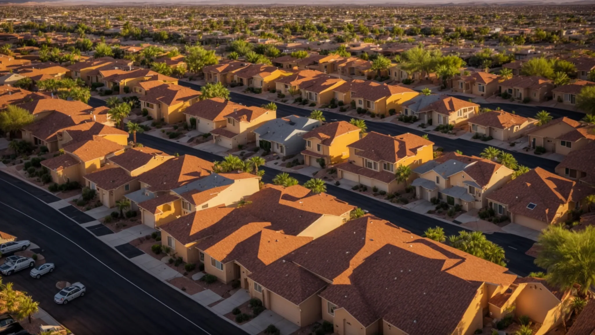 a vibrant aerial view of a transformed neighborhood in las vegas, showcasing pristine rooftops under the golden glow of sunset, highlighting the impressive impact of expert roofing services.