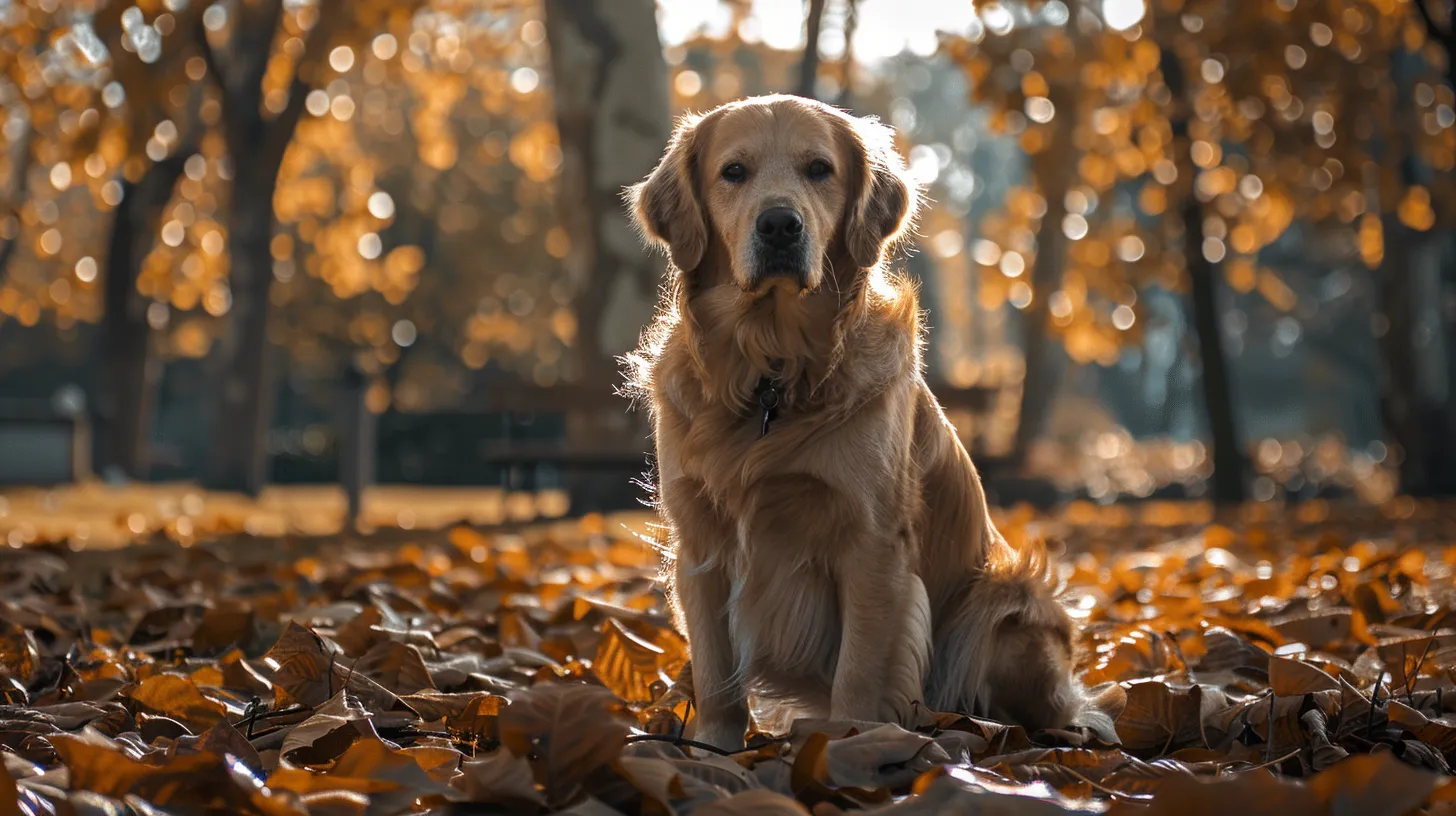 a forlorn dog sits in a lush park under dappled sunlight, its expressive eyes reflecting anxiety and a longing for connection amidst softly rustling leaves, capturing the essence of emotional needs and the bond with its owner.