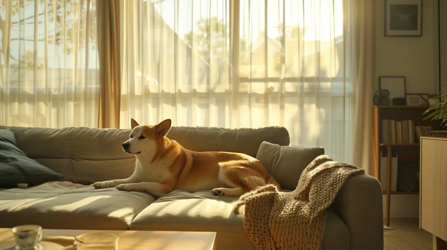 a serene living room bathed in soft natural light, featuring a calm dog resting on a cozy blanket, illustrating the peaceful atmosphere cultivated by effective training strategies to reduce whining.