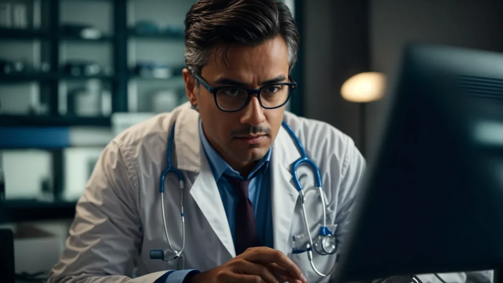 a doctor staring intently at a computer screen with a puzzled look, symbolizing concern over suspicious emails.