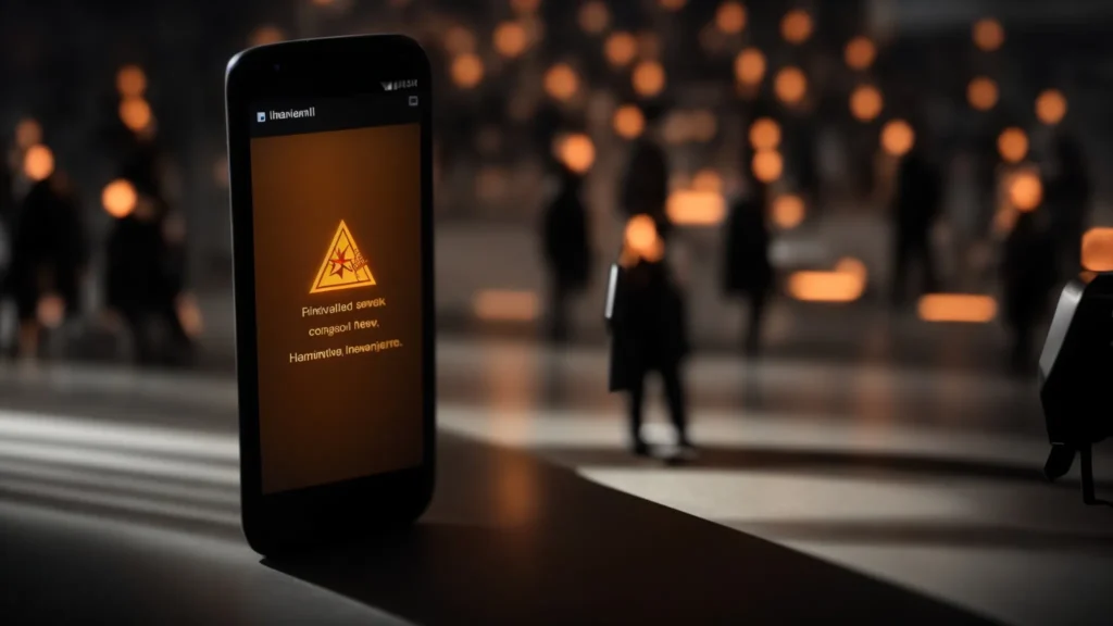 a smartphone displaying a warning symbol on its screen, surrounded by shadowy figures representing threats.