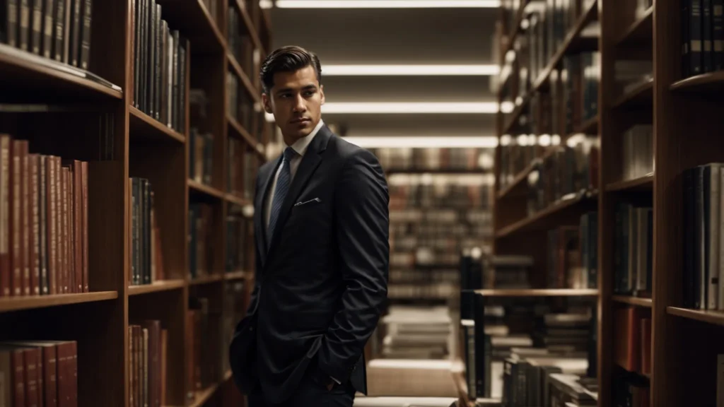 a person in a suit sits in a library, surrounded by law books, researching with a focused look on their face.