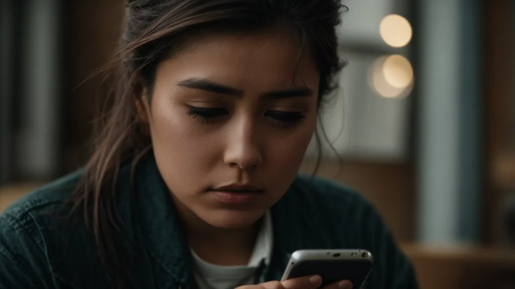 a person intently scrutinizes their smartphone screen with an expression of concern.