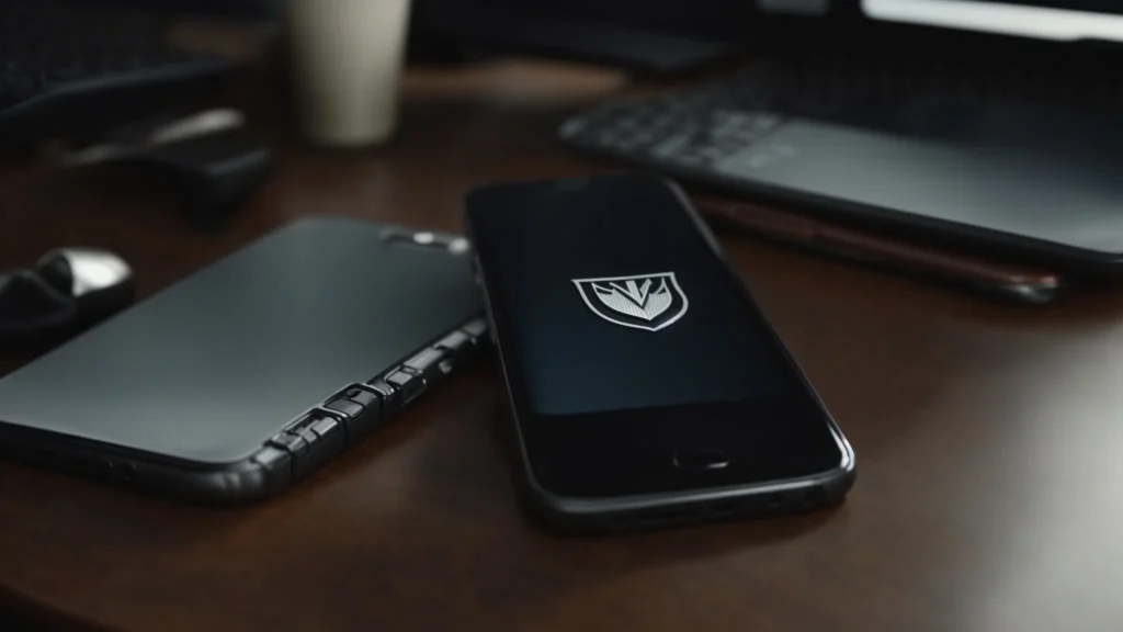 a smartphone displaying a shield icon rests on a desk beside a computer keyboard.