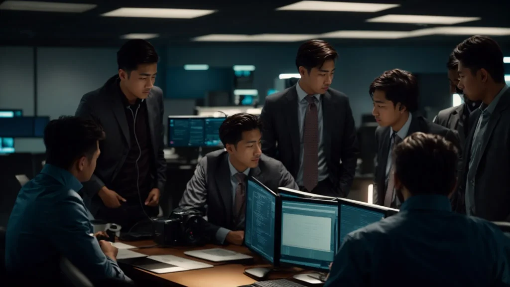 a cybersecurity team huddled around a computer discussing strategies.