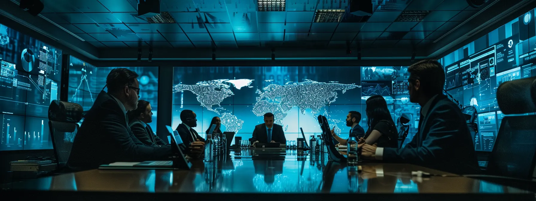 a cybersecurity team strategizing in a high-tech war room.
