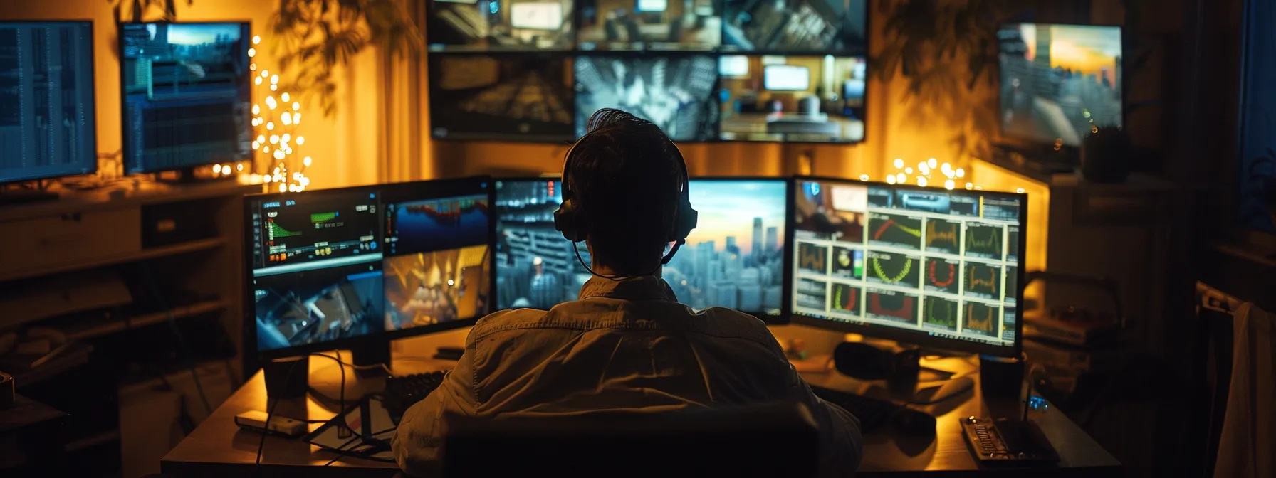 a person closely monitoring multiple screens for suspicious account activity.