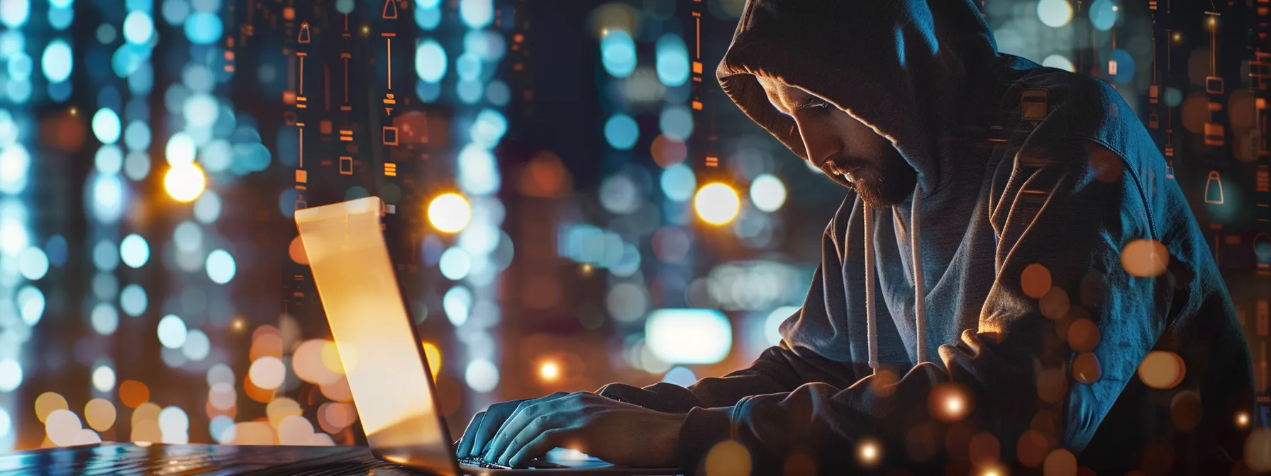 a hacker scrolling through a social media feed, extracting personal information for a phishing attack.