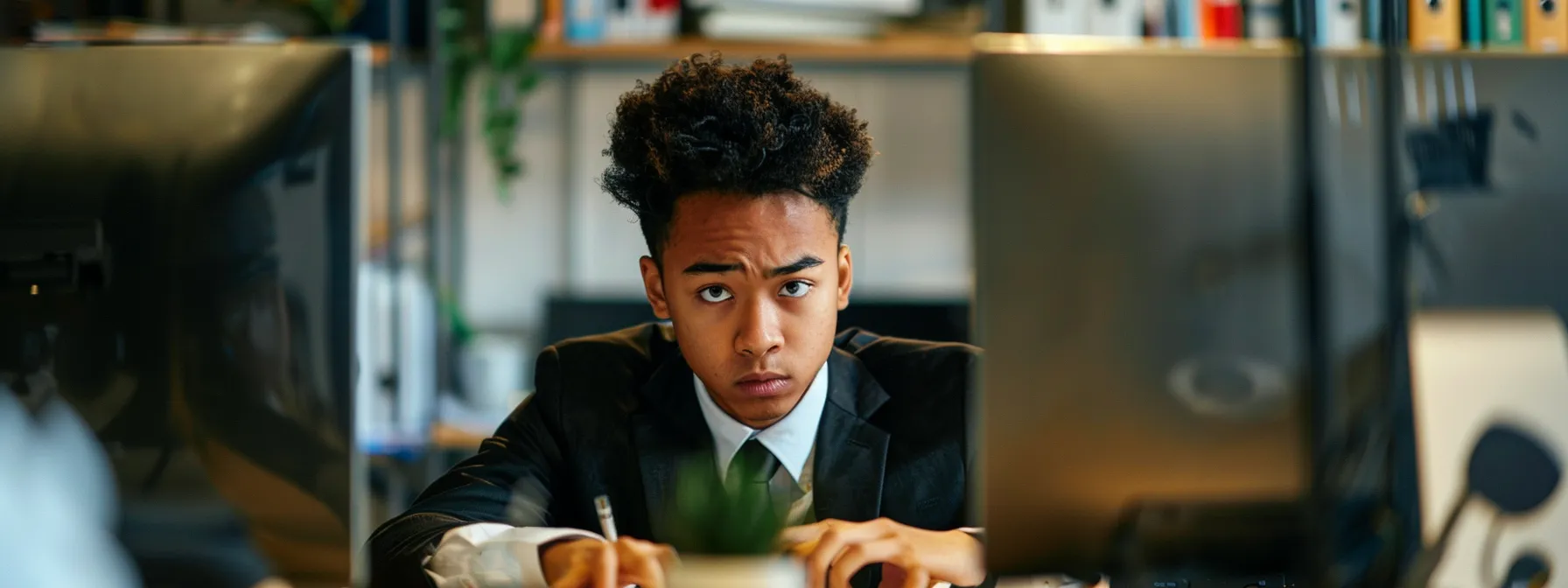 a person in an office wearing a suit and looking intently at their computer screen with a serious expression.
