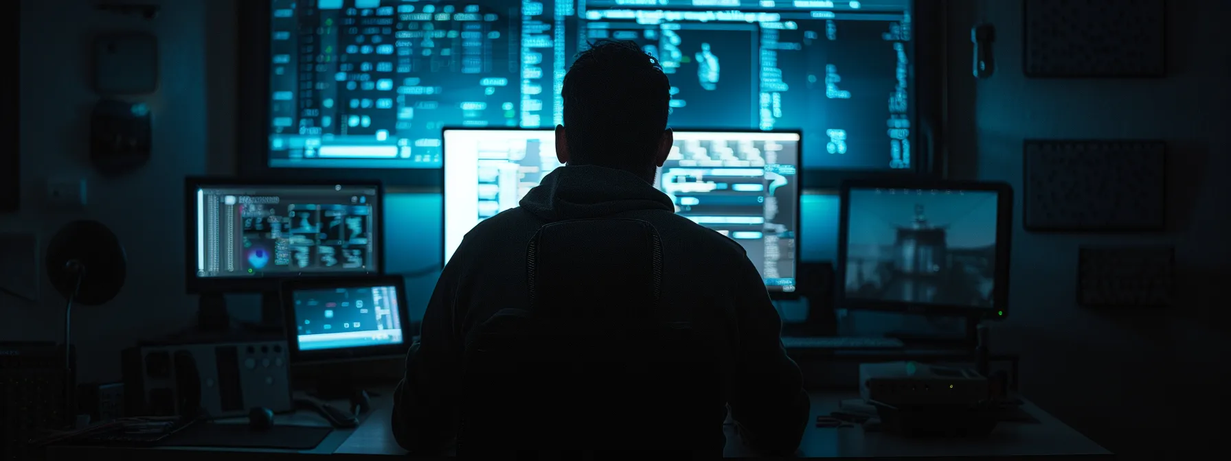 a figure in a dark room browses a computer screen filled with confidential information.