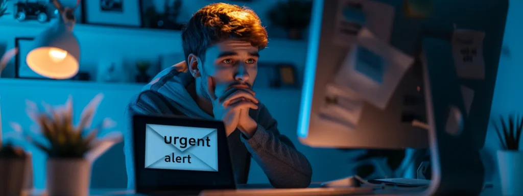 a person looking skeptically at their computer screen with an email titled "urgent alert" in their inbox.