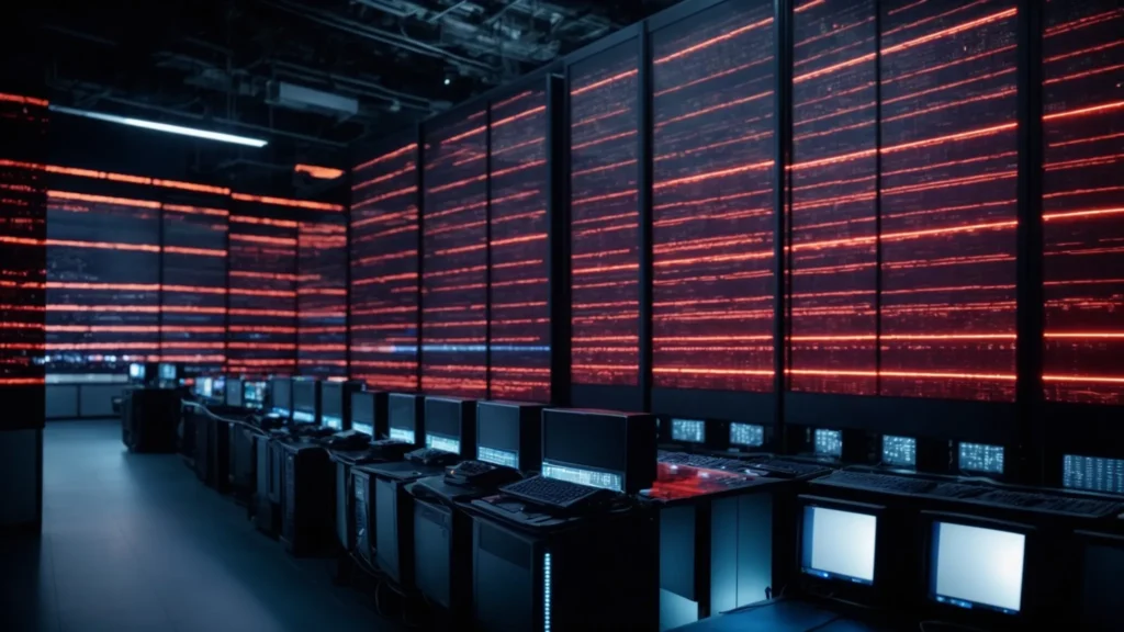 rows of computers in a data center with flashing lights processing large amounts of information.